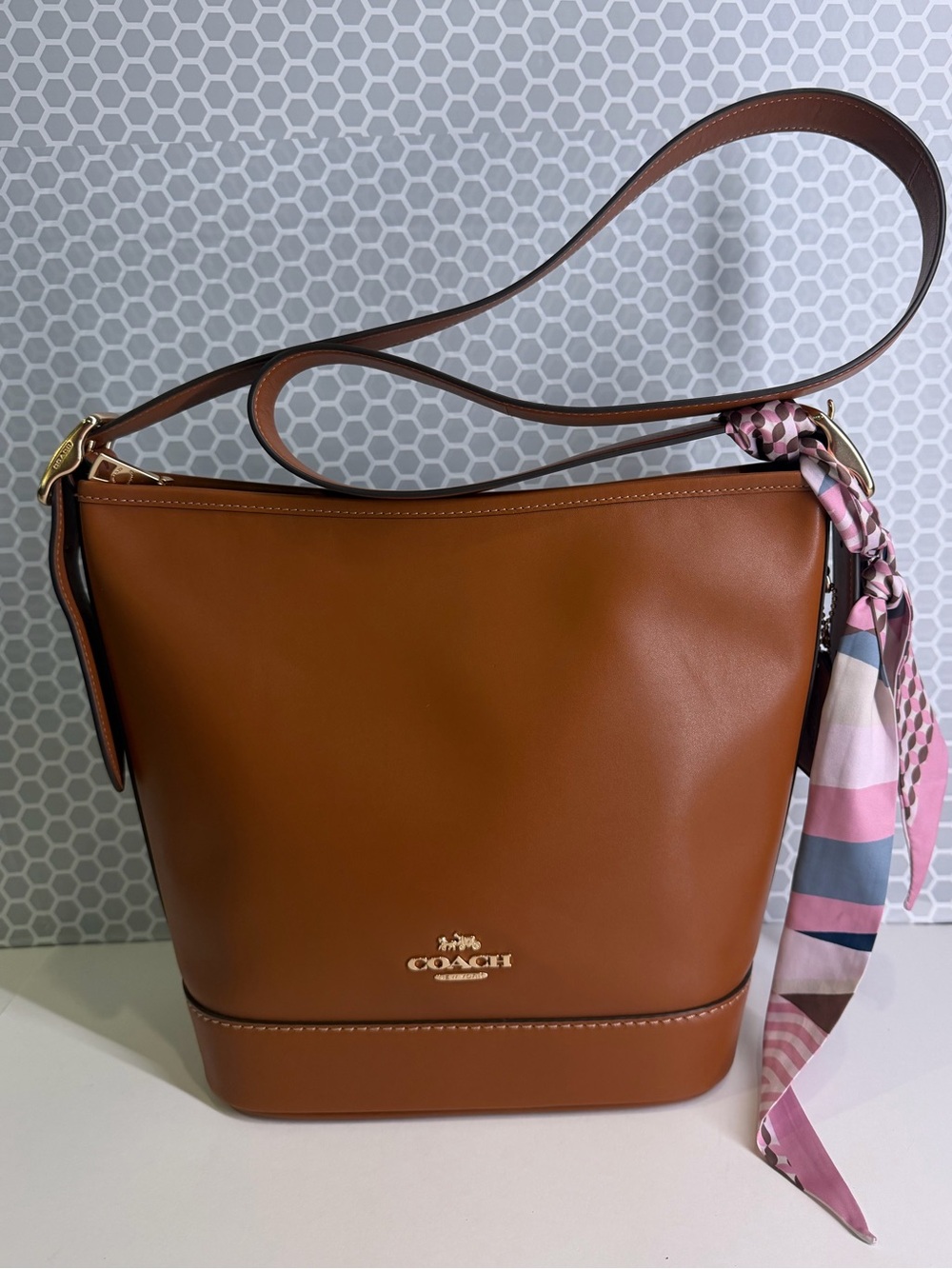 COACH Jude Leather Bucket Bag in Saddle Brown with Pink Scarf